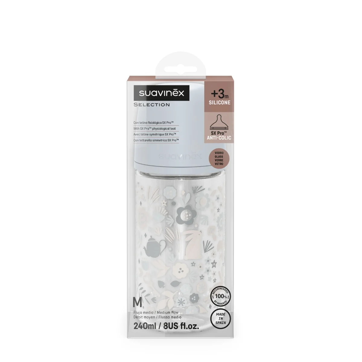 Suavinex Wonderland Skleněná láhev fyziologická SX PRO průtok M 3m+ 240 ml 1 ks liberty modrá