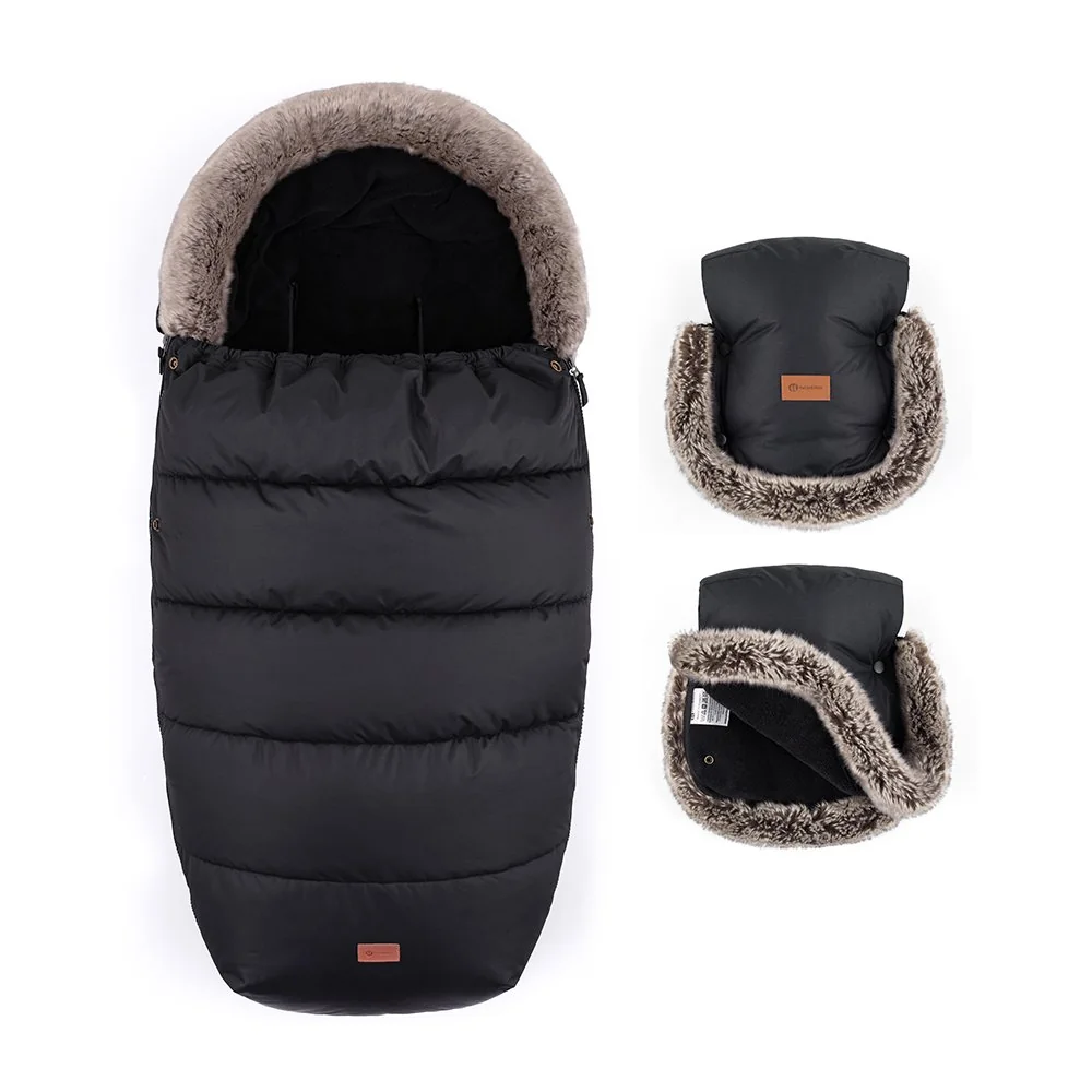 Petite&Mars Set zimní fusak Comfy 4v1 + rukavice na kočárek Furry Forever Black