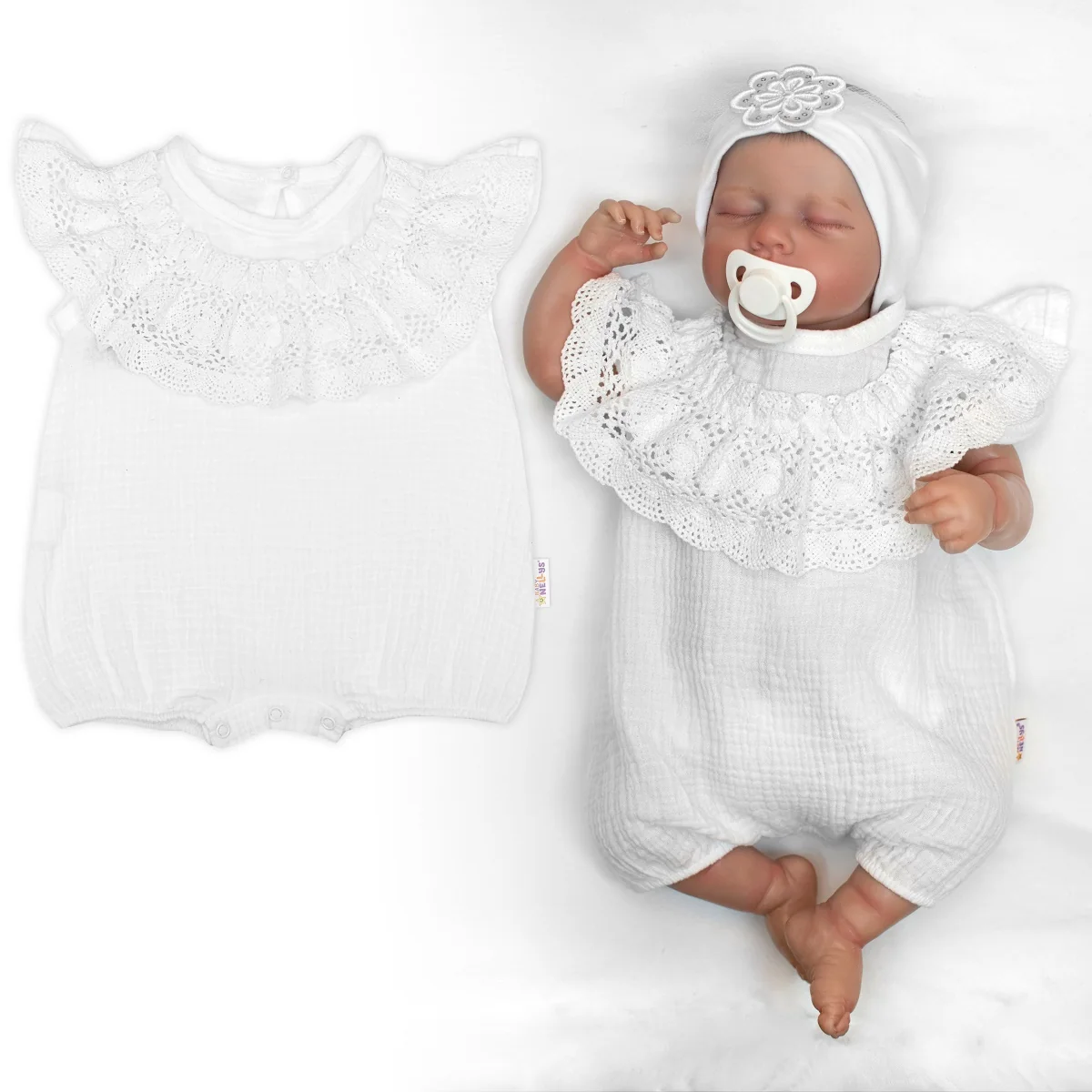 Baby Nellys Body s nohavičkami, mušelín s krajkou BOHO - bílé, vel. 74