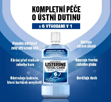 LISTERINE® Total Care Stay White je všestranná ústní voda pro přirozeně bílé zuby, která zabraňuje vzniku zubního kamene