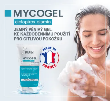 Mycogel. Ciclopirox olamin. Jemný pěnivý gel ke každodennímu použití pro citlivou pokožku.