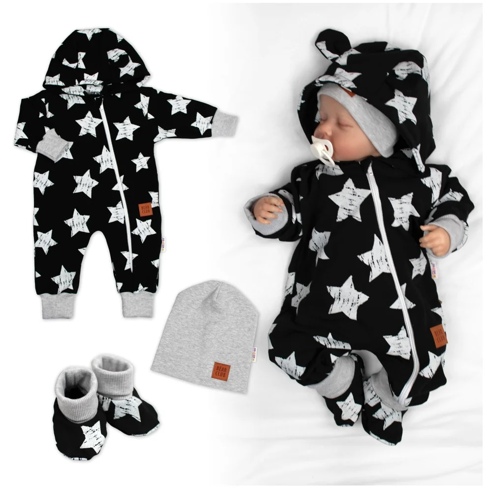 Baby Nellys Rostoucí teplákový overal, čepice, botky, 3D, Nature Star - černý, 68/74