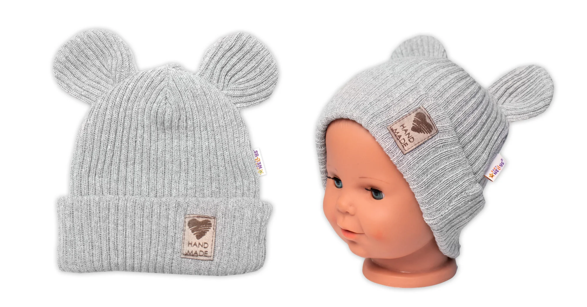 Baby Nellys Pletená bavlněná čepice s oušky, dvouvrstvá, Hand Made šedá vel. 68/74