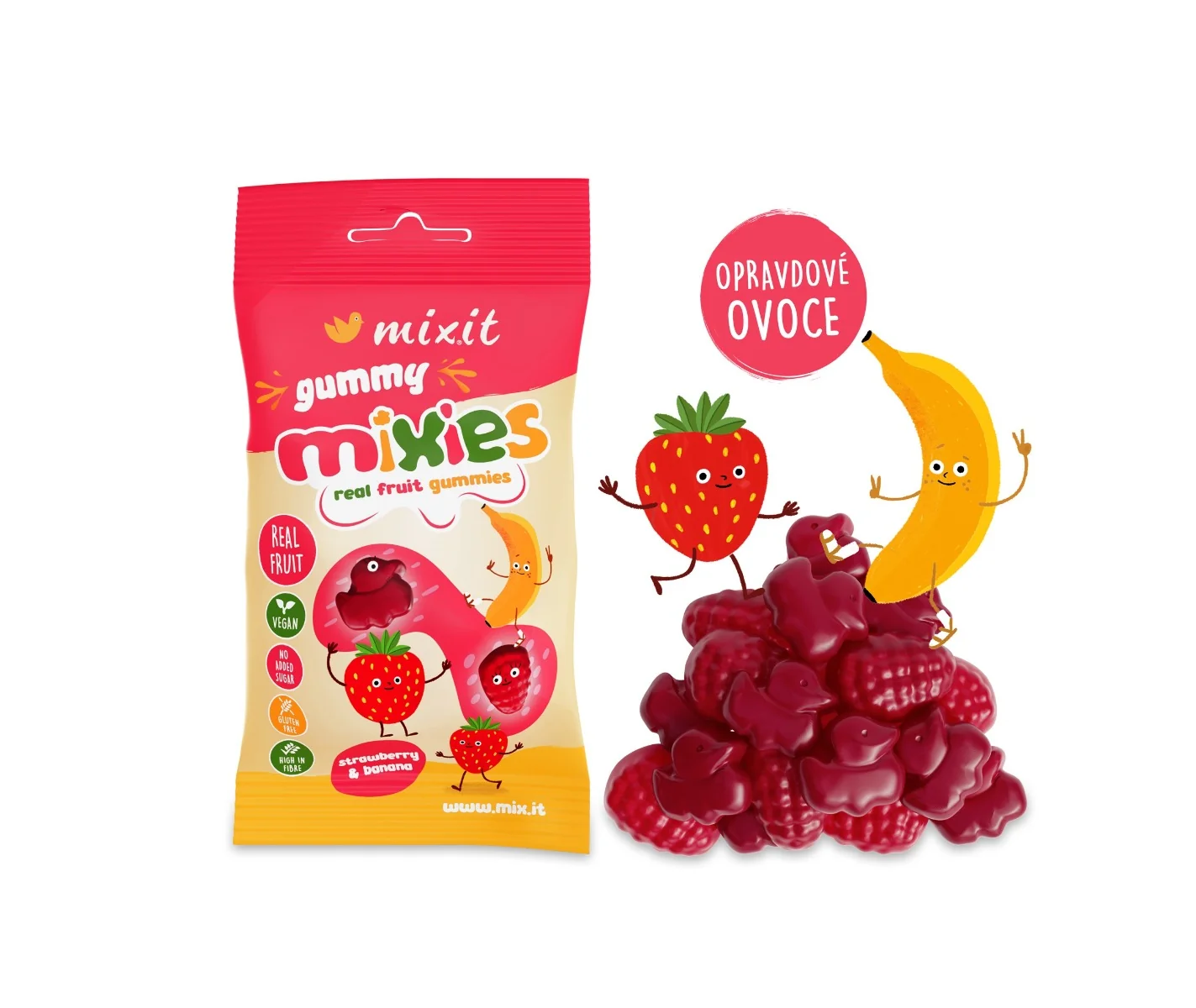 Mixit Ovocné Mixies Jahoda & Banán přírodní želé bonbony 35 g