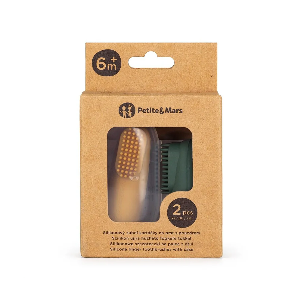 Petite&Mars Sada silikonových zubních kartáčků na prst 0m+ 2 ks Ochre&Green