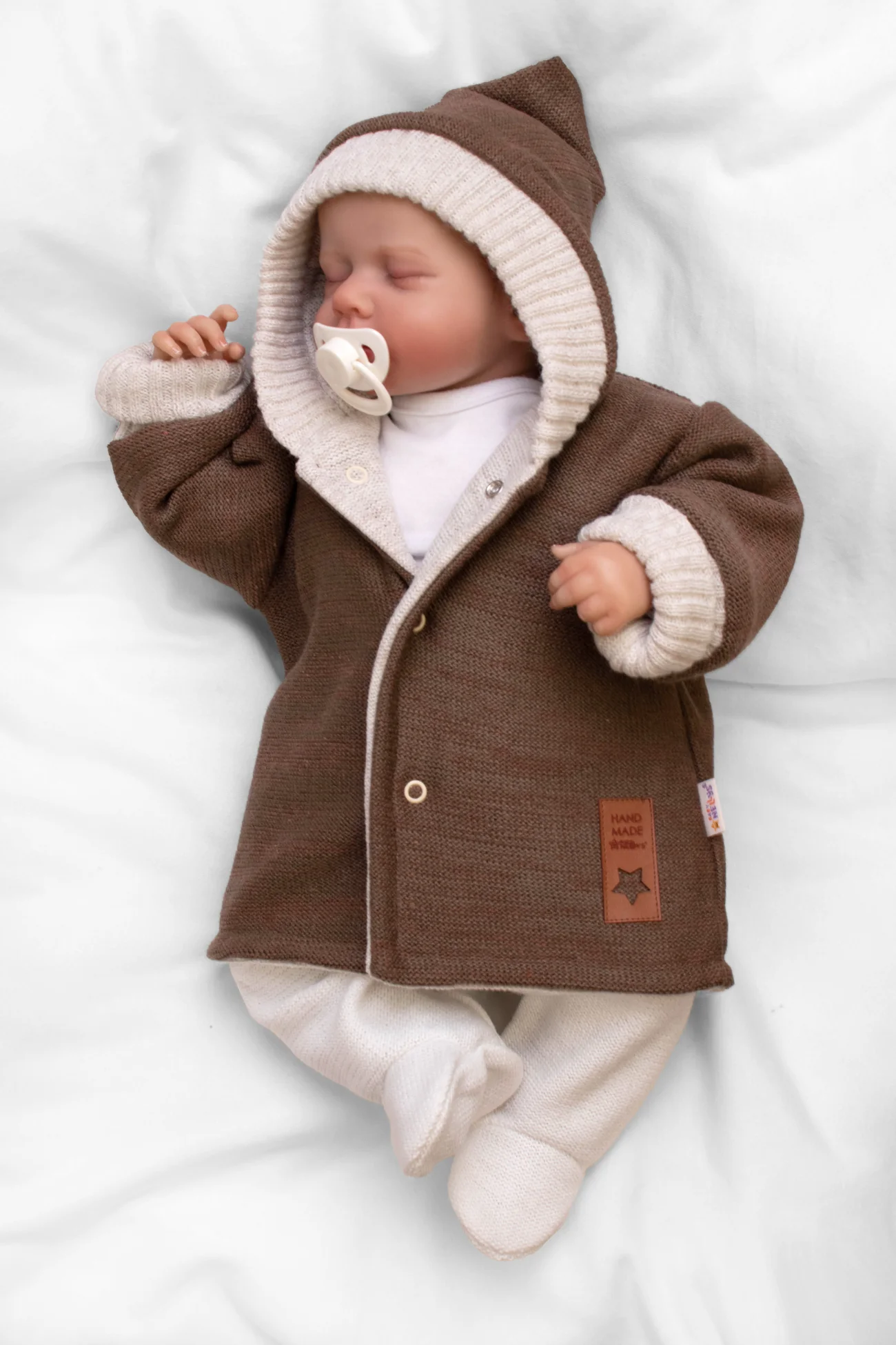 Baby Nellys Rostoucí oboustranný svetřík s kapucí Hand Made, hnědá-béžová, vel. 68/74