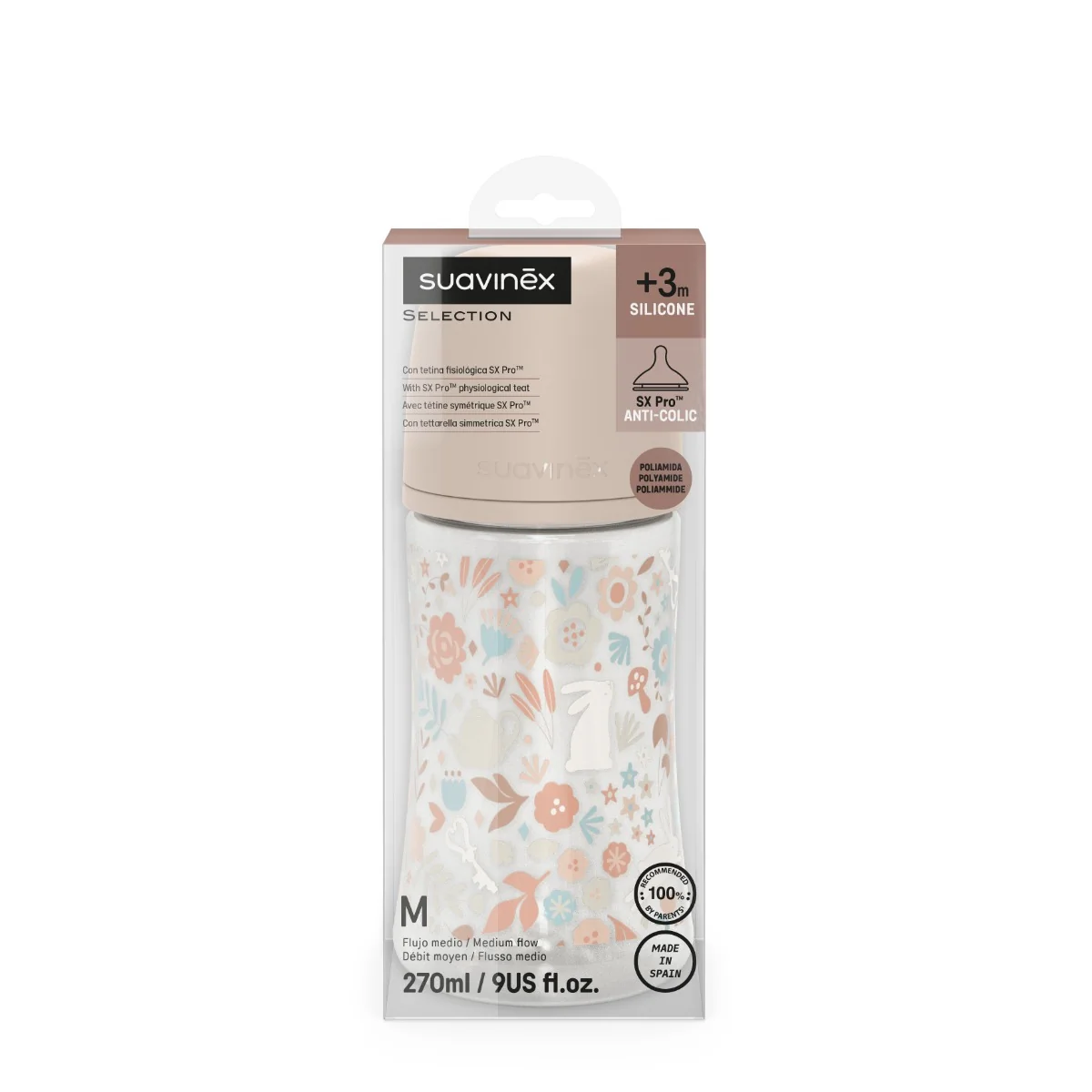 Suavinex Wonderland Kojenecká láhev průtok M 3m+ 270 ml 1 ks liberty růžová