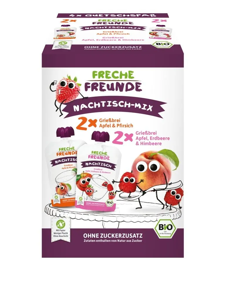 Freche Freunde BIO MIX 2 druhy Krupice s jablkem, jahodou, malinou a broskví 4x100 g