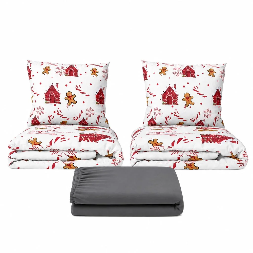 Povlečeme vše Set dvoulůžko Domečky červené -2x povlečení, prostěradlo 180x200cm (035) tm.šedá