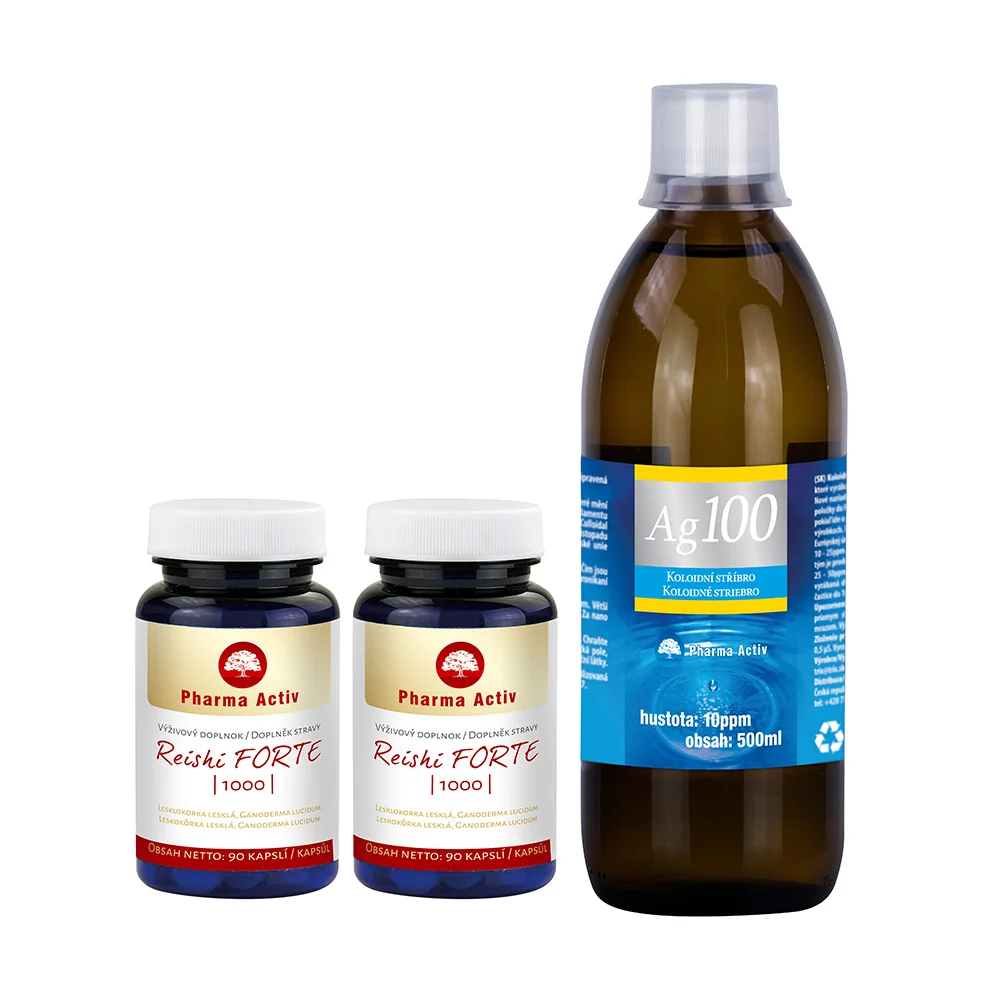 Pharma Activ Reishi FORTE 1000 1+1 + Koloidní stříbro Ag100 10ppm 2x90 kapslí + 500 ml