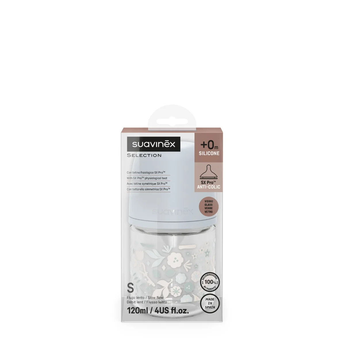 Suavinex Wonderland Skleněná láhev fyziologická SX PRO průtok S 0m+ 120 ml 1 ks liberty modrá