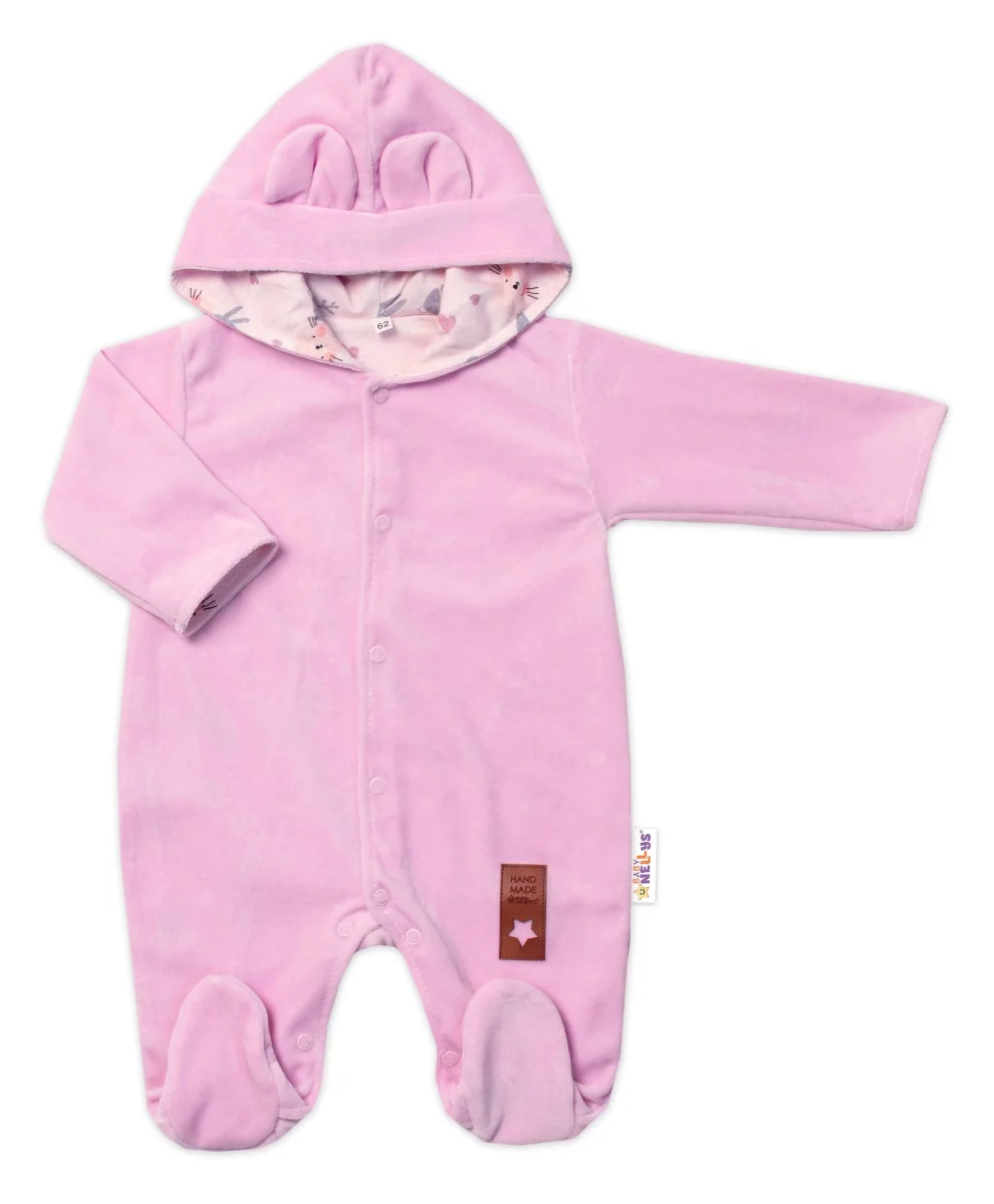 Baby Nellys Semiškový, velurový overal s kapucí Baby Nellys Bunny II., růžový, vel. 86