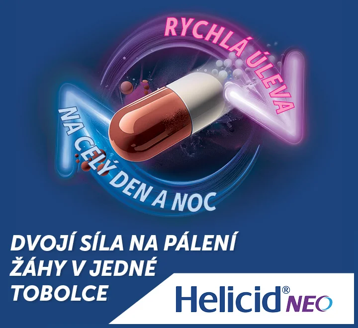 Dvojí síla na pálení žáhy v jedné tobolce. Helicid NEO 20 mg 7 tobolek. Rychlá úleva na celý den a noc.