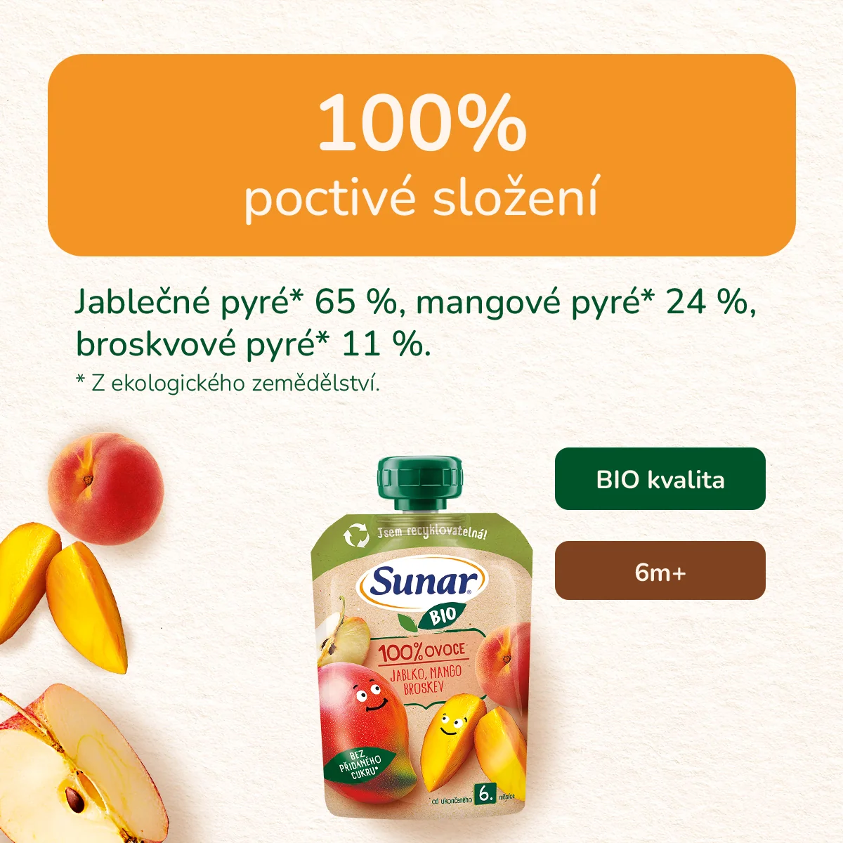 Sunar BIO Jablko, mango, broskev 6m+ kapsička 100 g