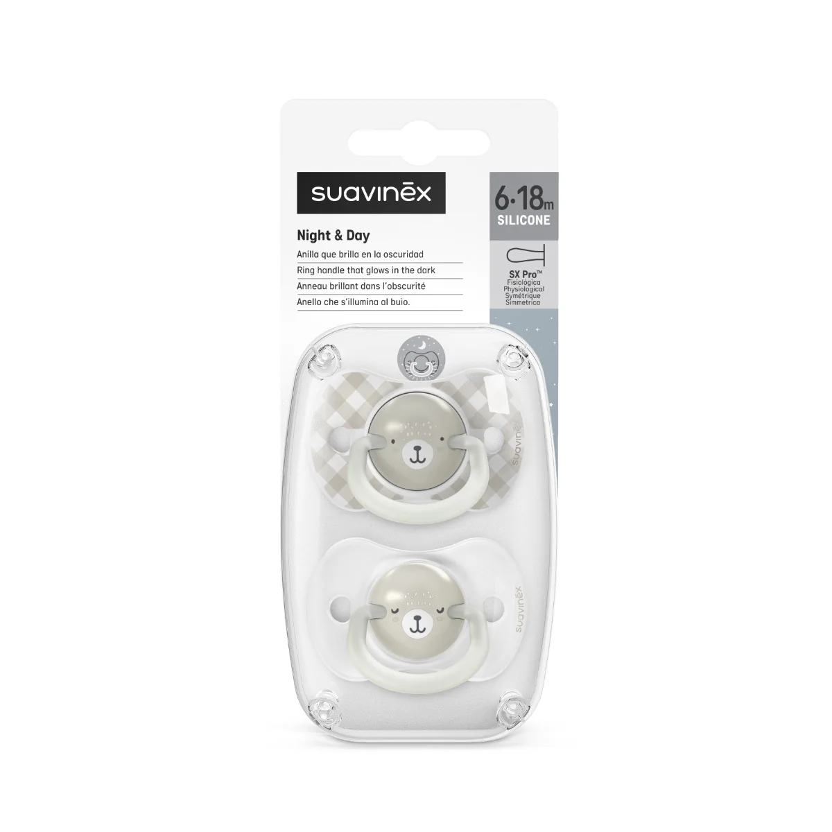 Suavinex Šidítko DEN&NOC fyziologické silikonové WILD&FREE 6-18m 2 ks šedé