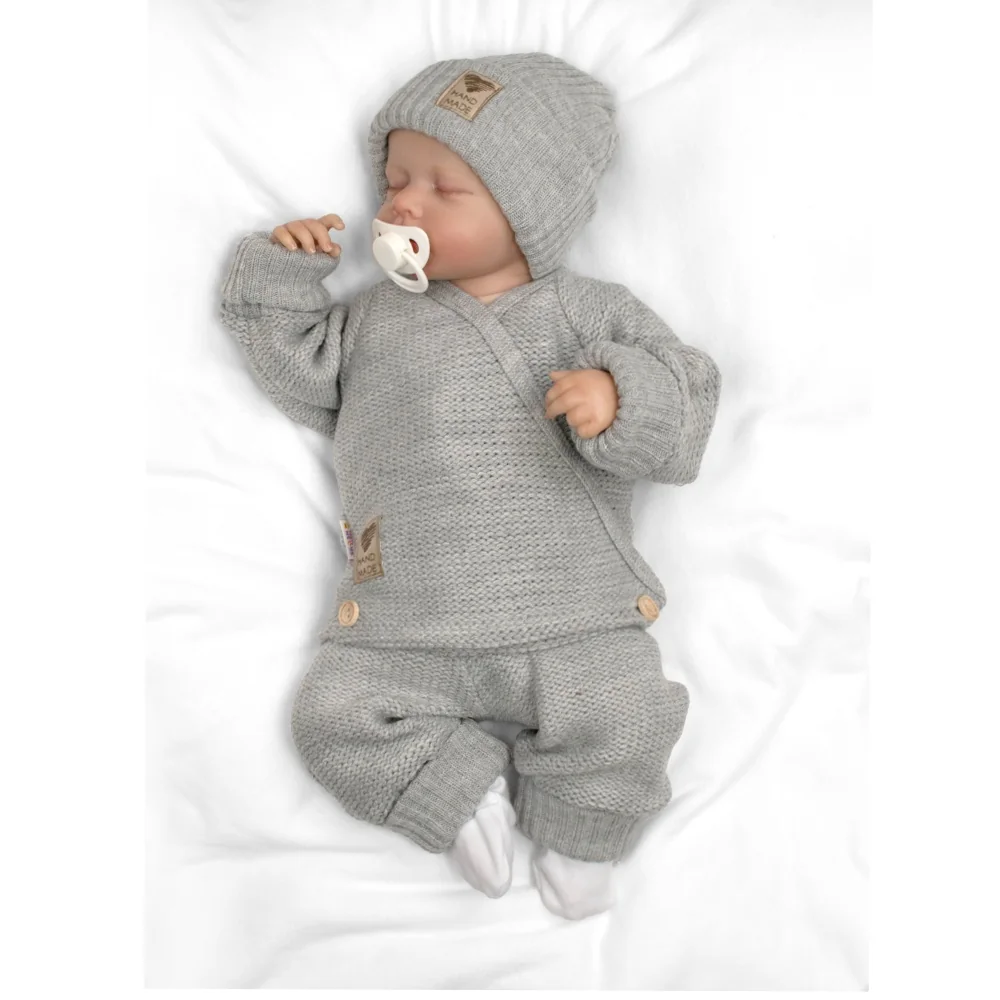 Baby Nellys Rostoucí pletený zavinovací svetřík, kalhoty a čepice, 3D - šedá, vel. 68/74