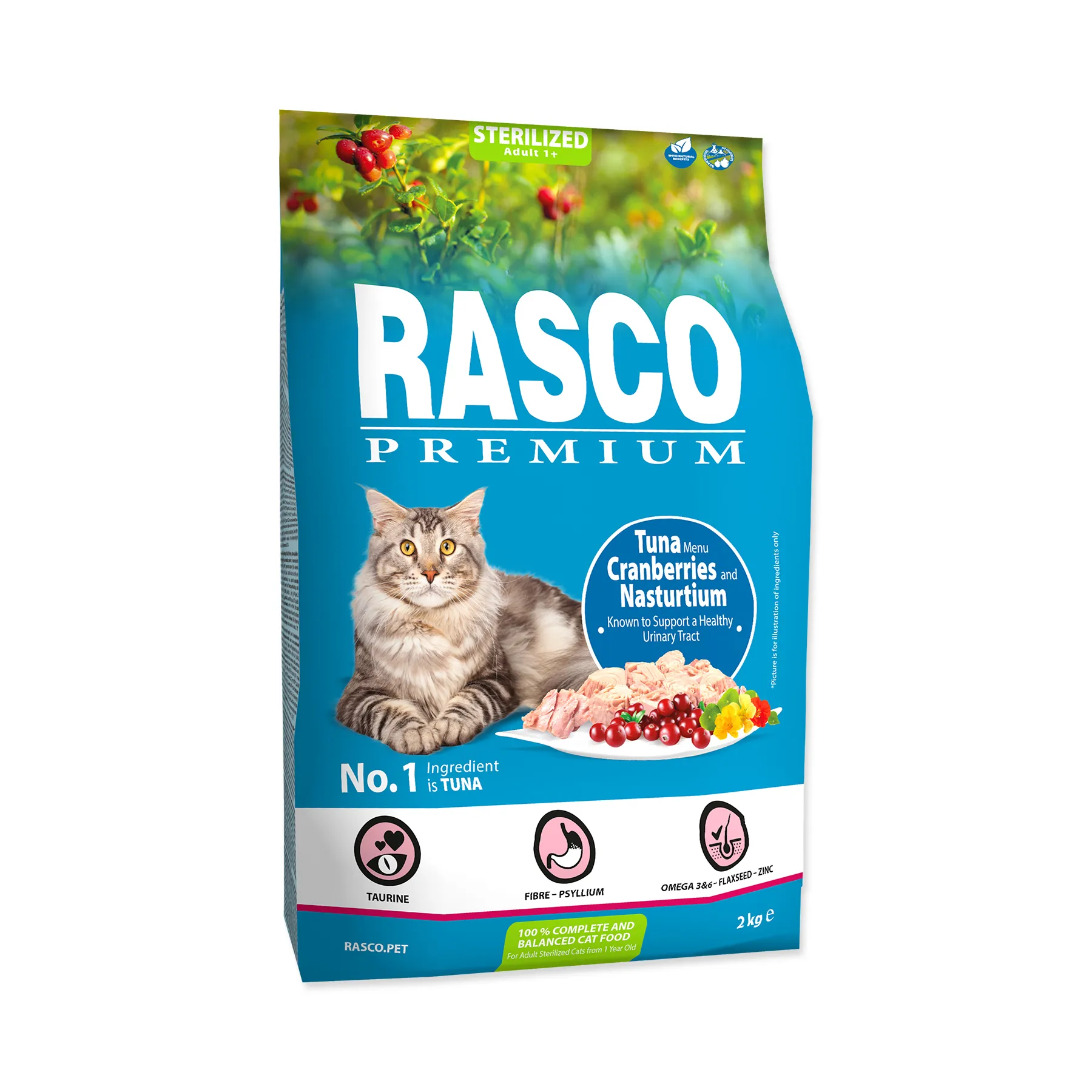 Rasco Premium Sterilized Tuňák s brusinkou a lichořeřišnicí granule 2 kg