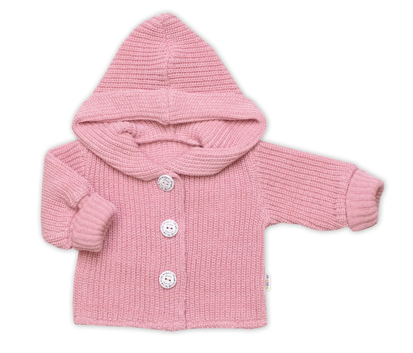 Baby Nellys Pletený svetřík s kapucí a knoflíčky Made with Love, růžový, vel. 68/74