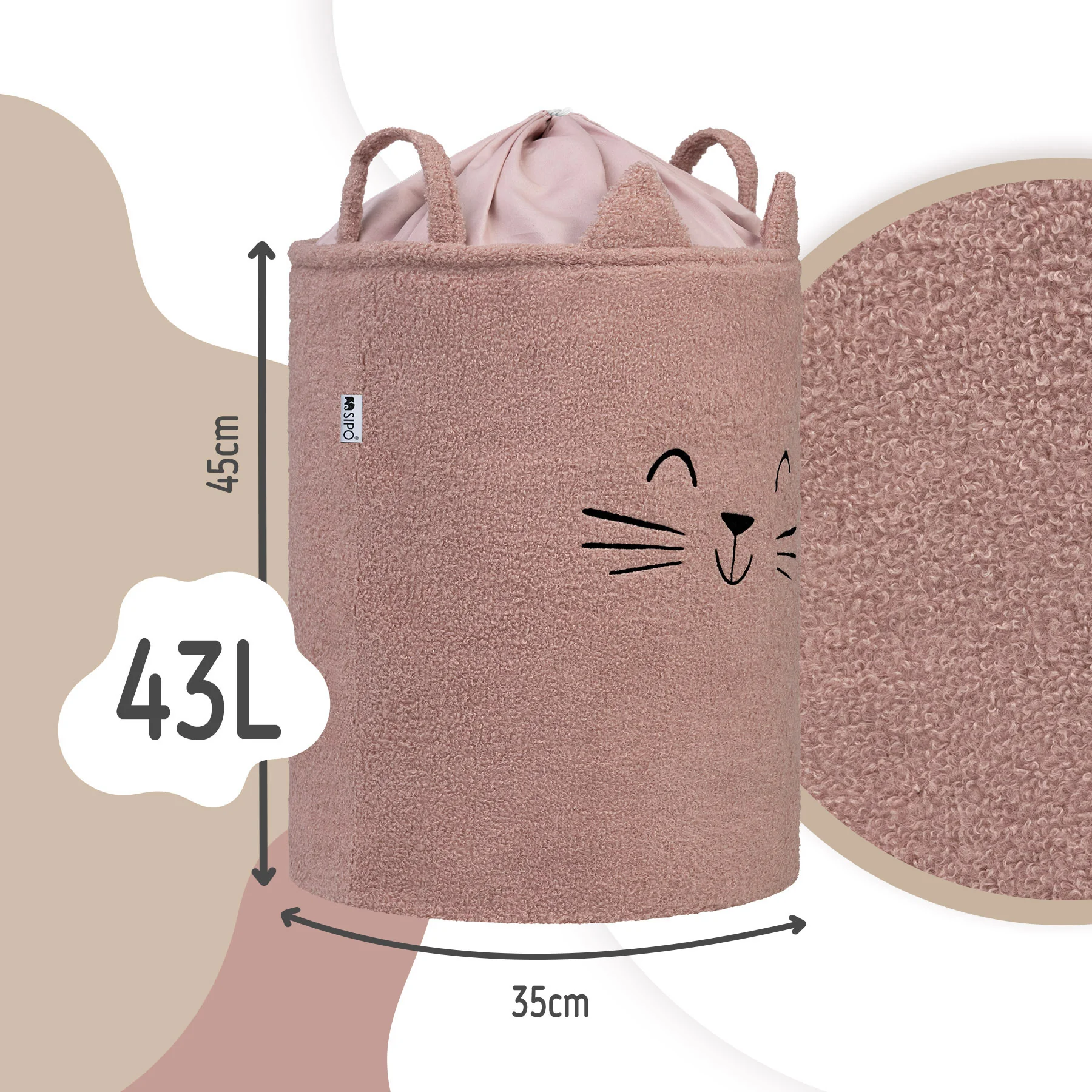 SIPO Koš na hračky Premium Bouclé se šňůrkou / 43 l, Cat (Pink)