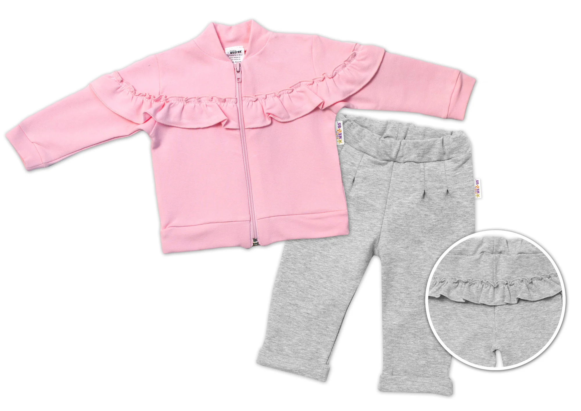 Baby Nellys Dětská tepláková souprava s volánkem SWEET LADY - růžová, šedá,