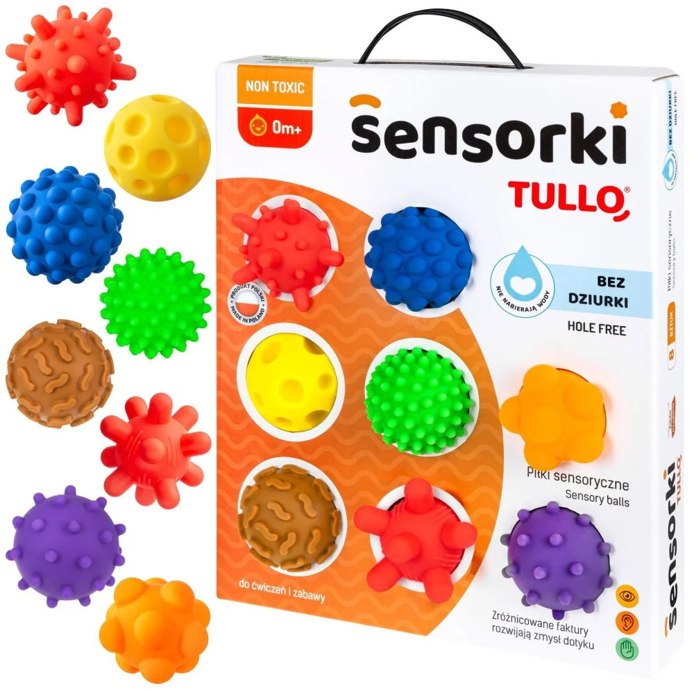 Tullo Senzorické míčky barevné 8 ks bez dírek – 59–77 mm, 0m+
