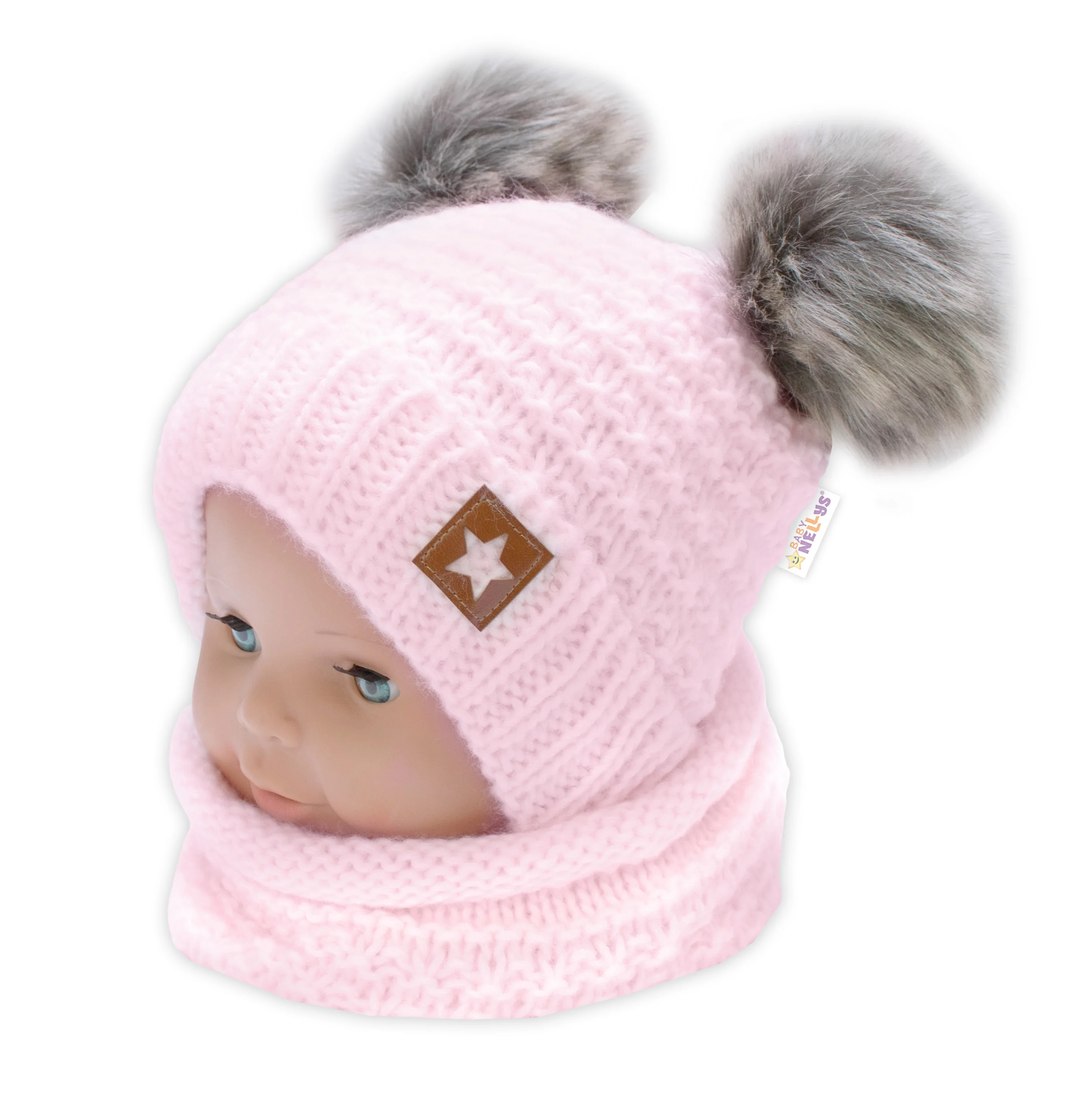 Baby Nellys Zimní pletená čepice Star s fleecem a chlupáčkové bambulky+komínek, růžová