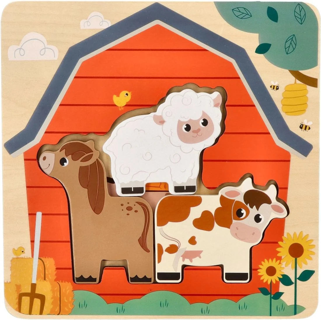 Adam Toys Dřevěné vrstvené puzzle, Farma, přírodní