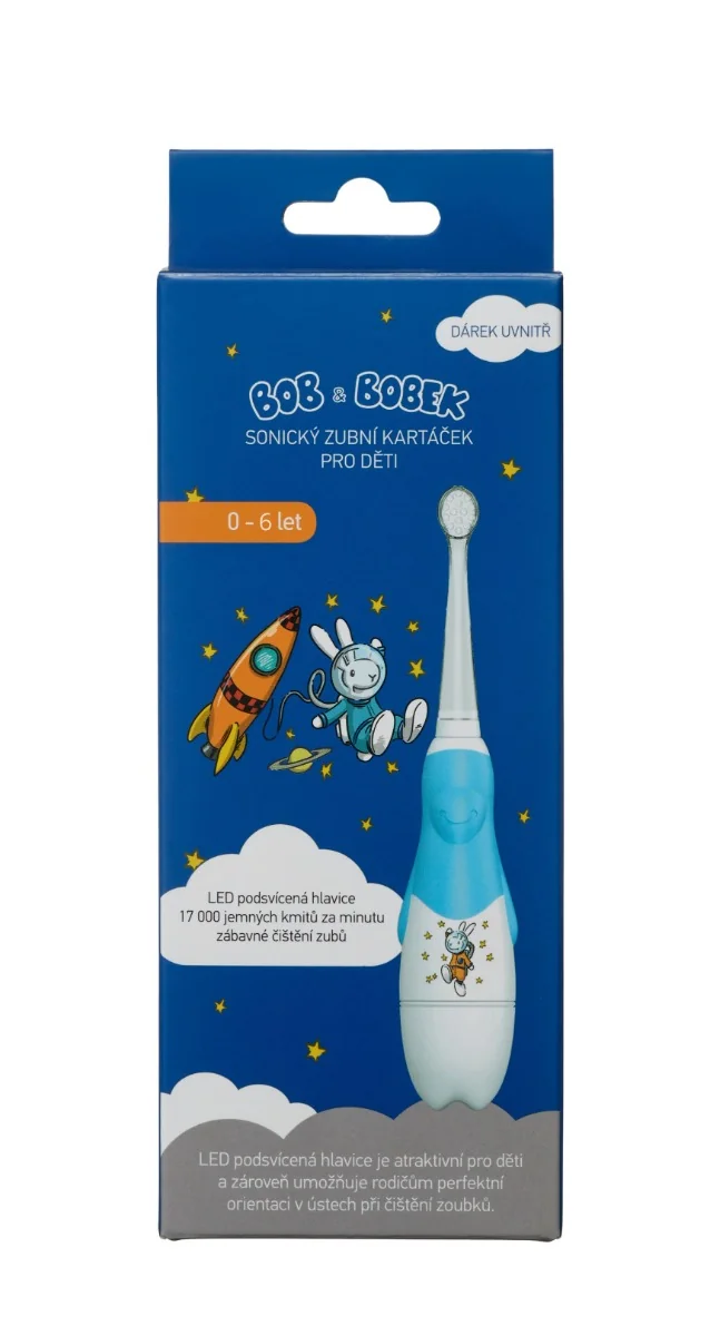 Bob a Bobek Baby 0–6 let dětský sonický kartáček modrý s kosmonautem