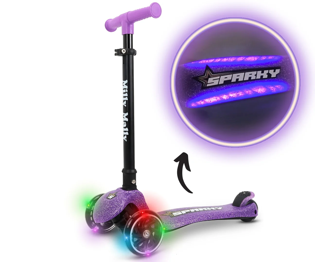 Milly Mally Dětská koloběžka SPARKY LED tříkolová – svítící kolečka, nastavitelná, fialová