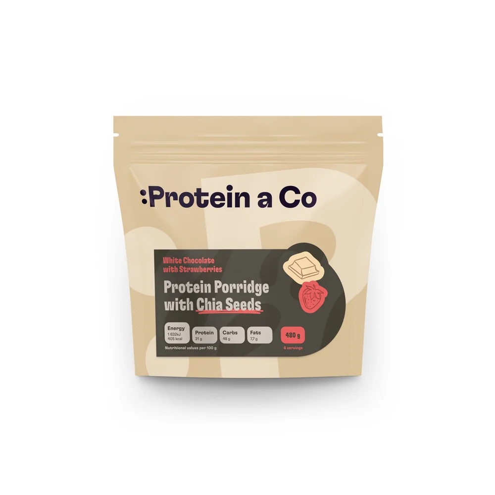 Protein&Co Proteinová kaše s chia 480 g Jahoda, bílá čokoláda