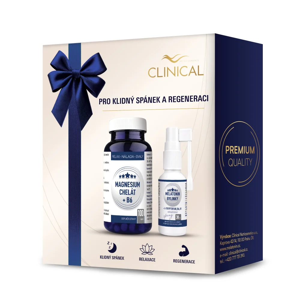 Clinical Magnesium Chelát B6 + Melatonin spray 1+1 ks 100 tablet + 30 ml