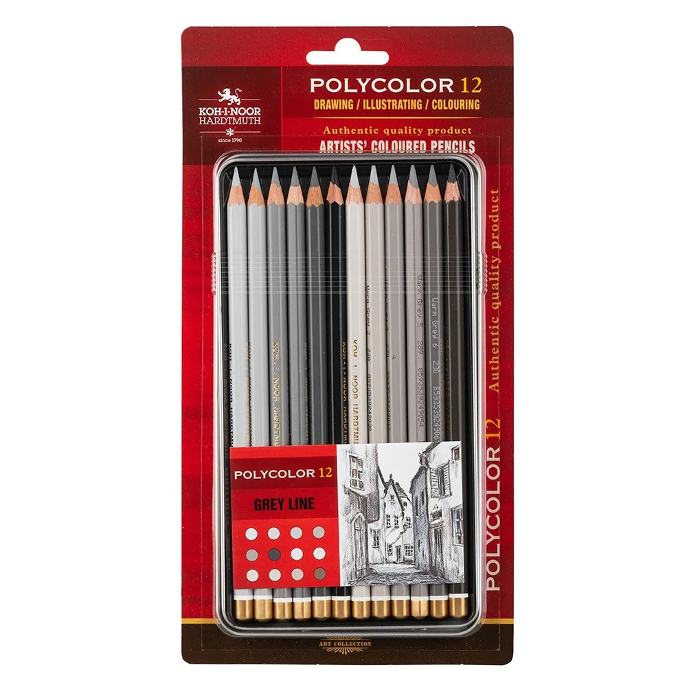 KOH-I-NOOR POLYCOLOR 3822/12 - umělecké pastelky, šedá řada, v plechovém pouzdře - 12 ks