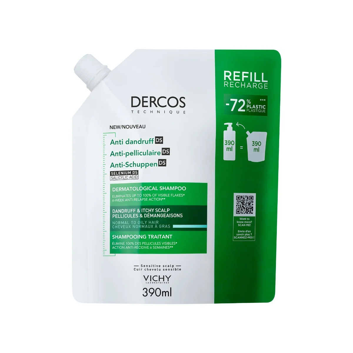 Vichy Dercos Šampon proti lupům na mastné vlasy náhradní náplň 390 ml