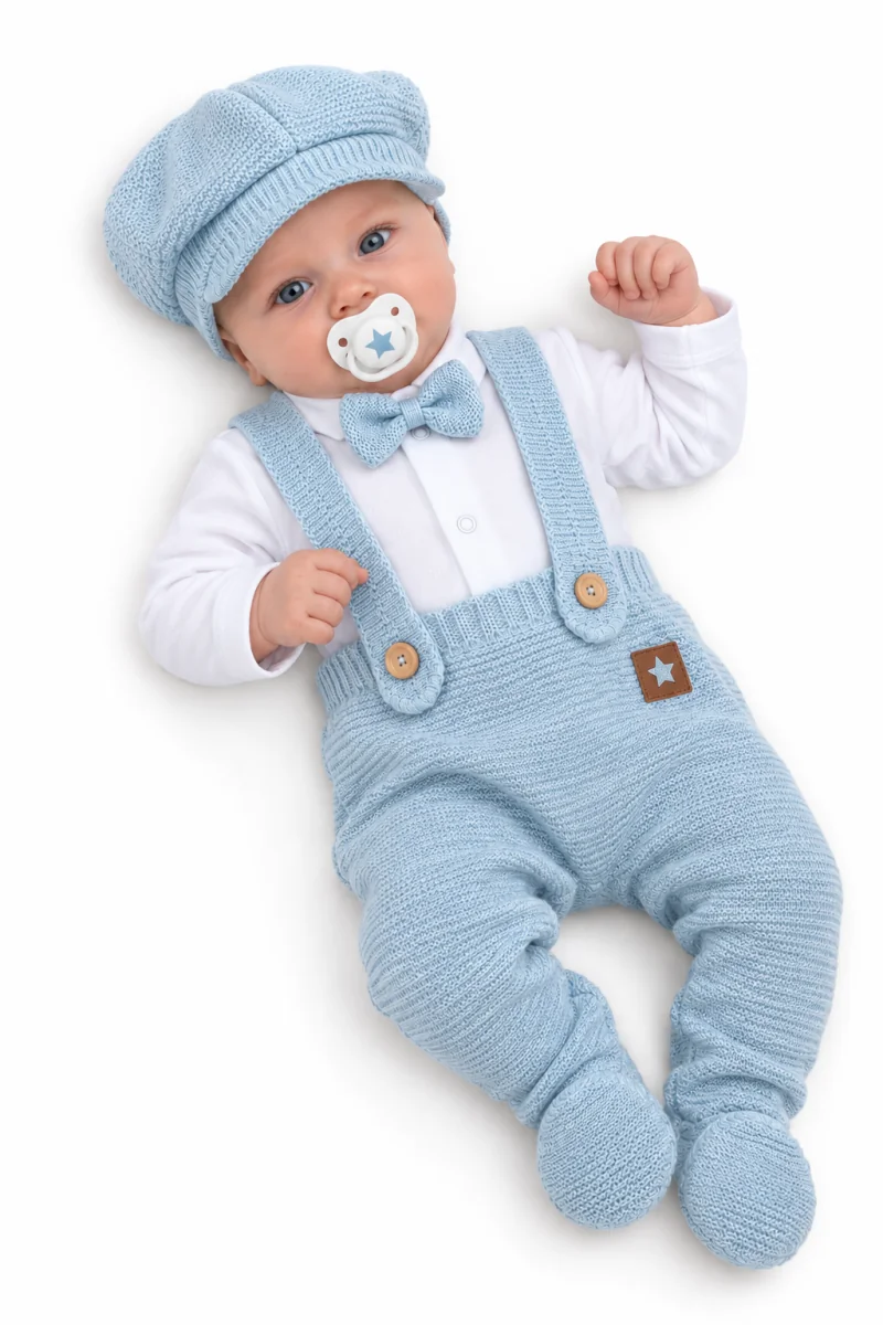 Baby Nellys Pletená souprava Gentleman 3D, body, polodupačky, čepička, sv. modrá, 62