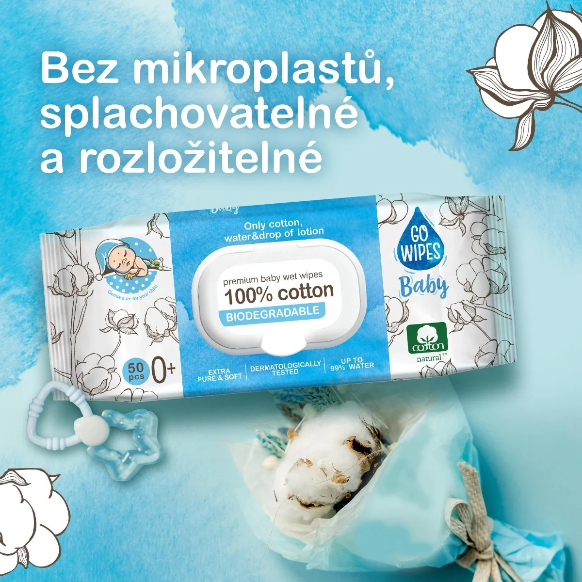 GoWipes Dětské vlhčené ubrousky 99 % vody Plastic Free 50 ks