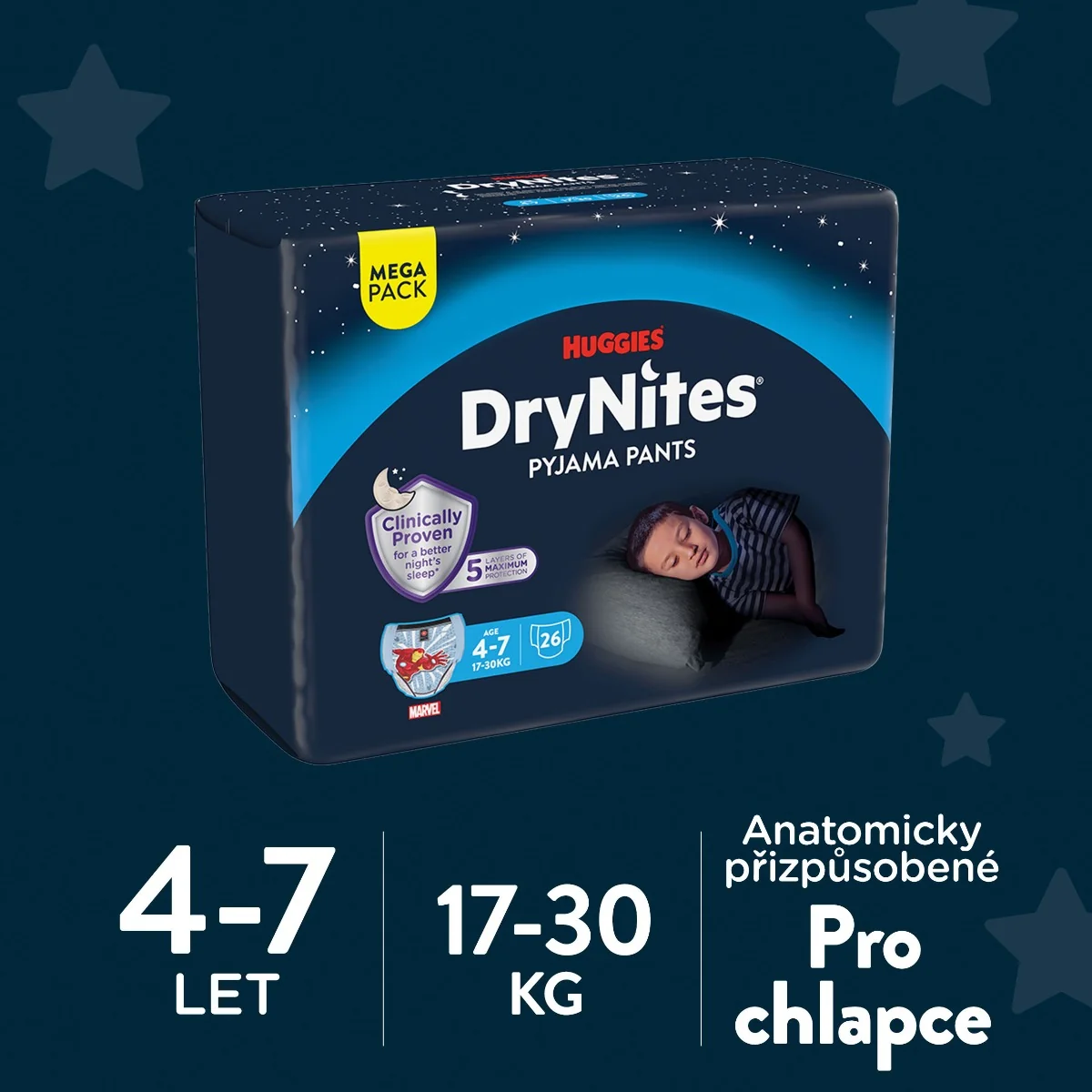 HUGGIES DryNites Natahovací kalhotky pro chlapce 4–7 let 17–30 kg 26 ks