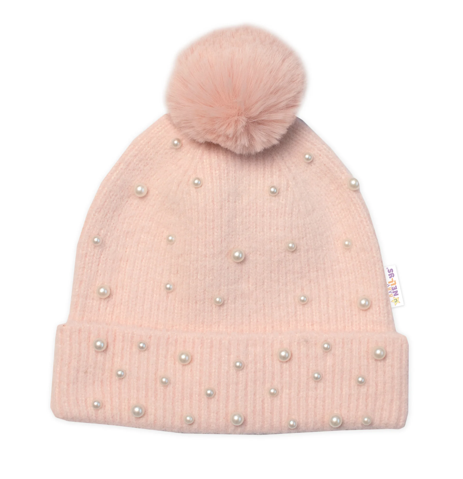 Baby Nellys Zimní čepice s bambulí + šál, Pearls - pudrová, 54/58