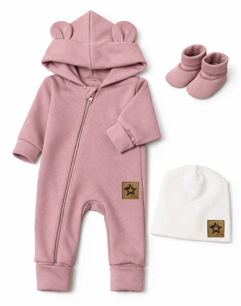 Baby Nellys Rostoucí oteplený overál s čepičkou a botičkami, 3D - pudrově růžová, vel. 68/74