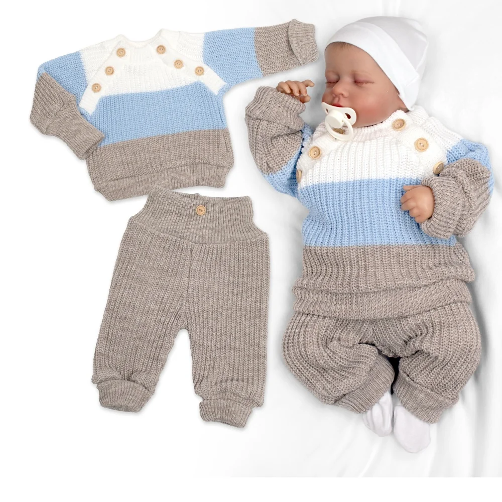 Baby Nellys Rostoucí pletený svetřík a kalhoty s knoflíčky Boy, 2D - proužky