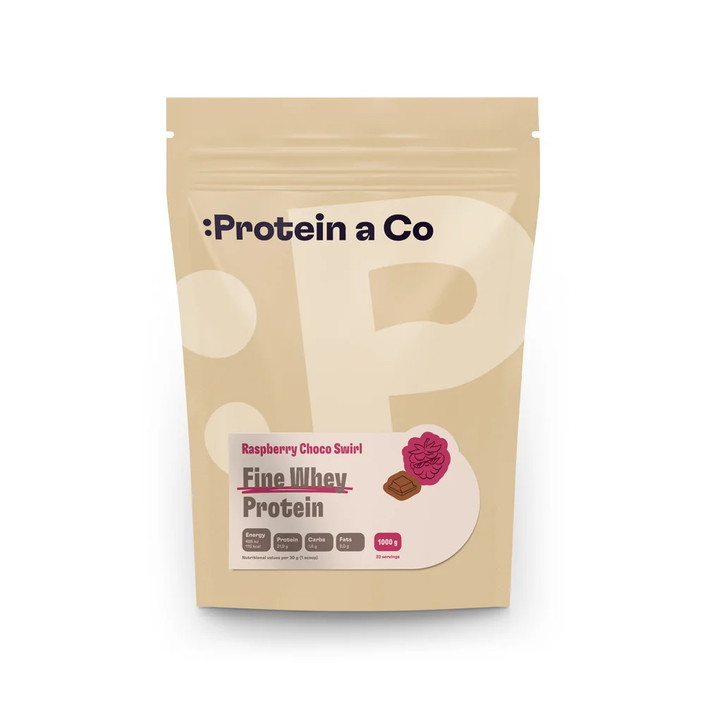 Protein a Co Protein Fine whey slazený stévií 1000 g Raspberry choco swirl