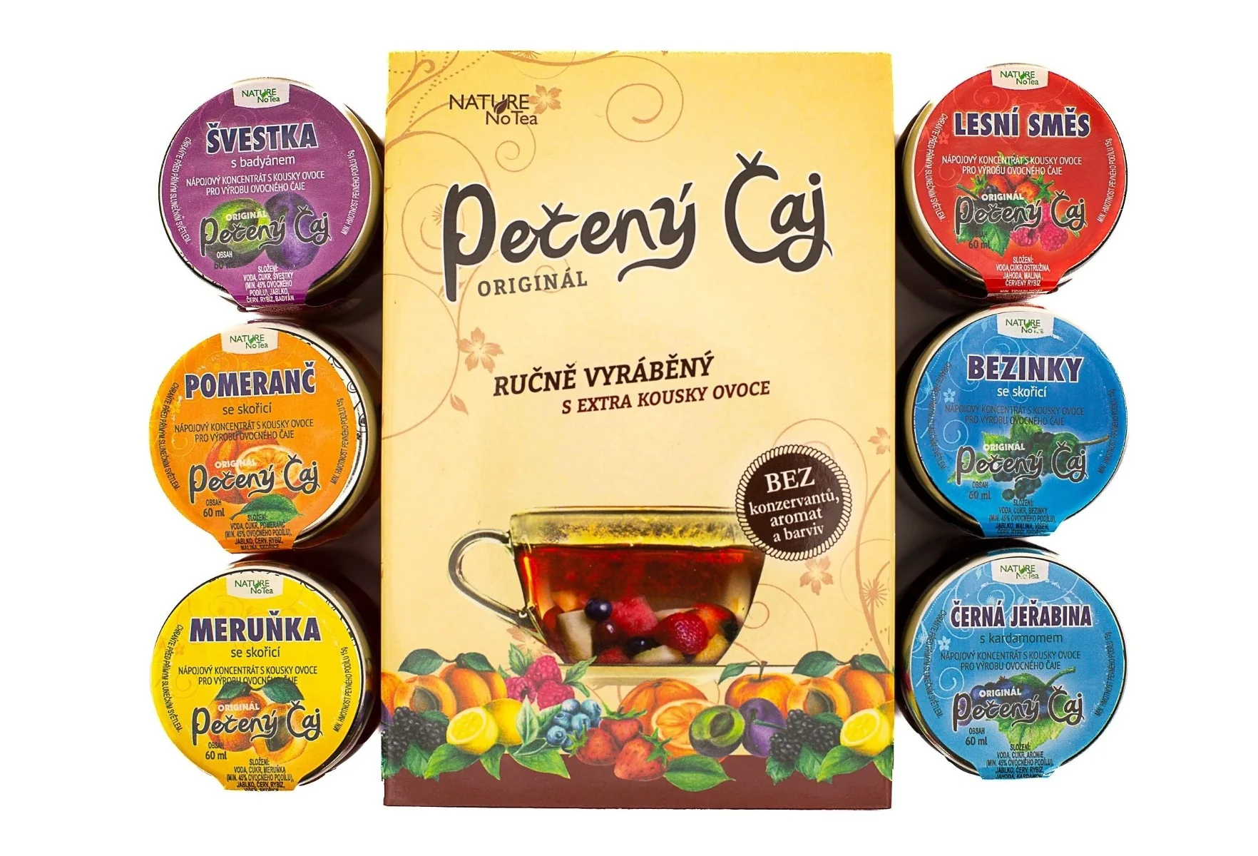 Nature Notea Čaj pečený Švestka, Lesní směs, Pomeranč, Bezinky, Meruňka, Černá jeřabina dárková sada 6x60 ml