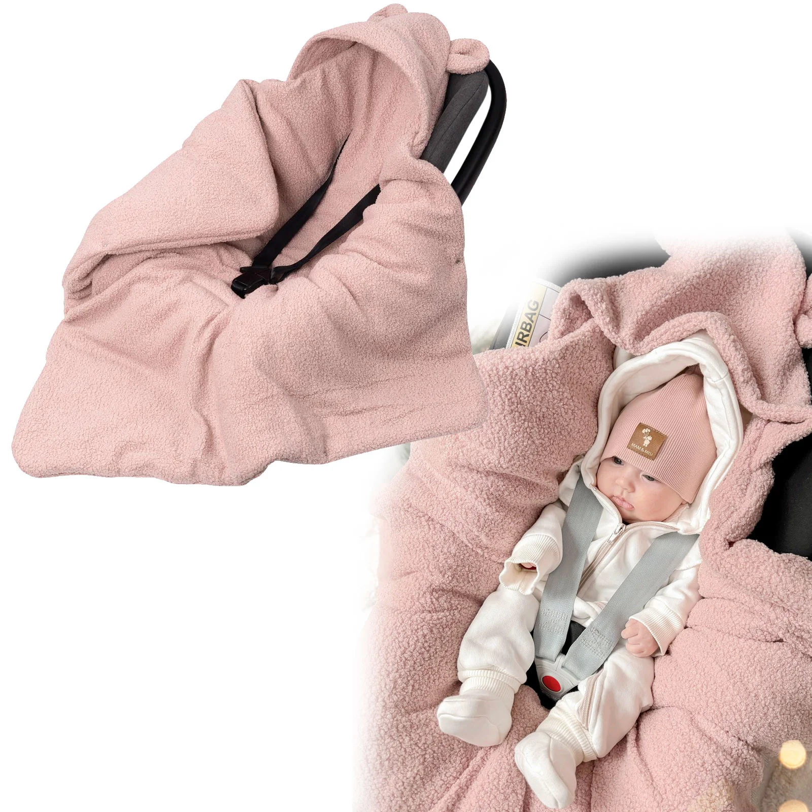 Baby Nellys Oteplený fusák, deka s kapucí do autosedačky Beránek- růžová