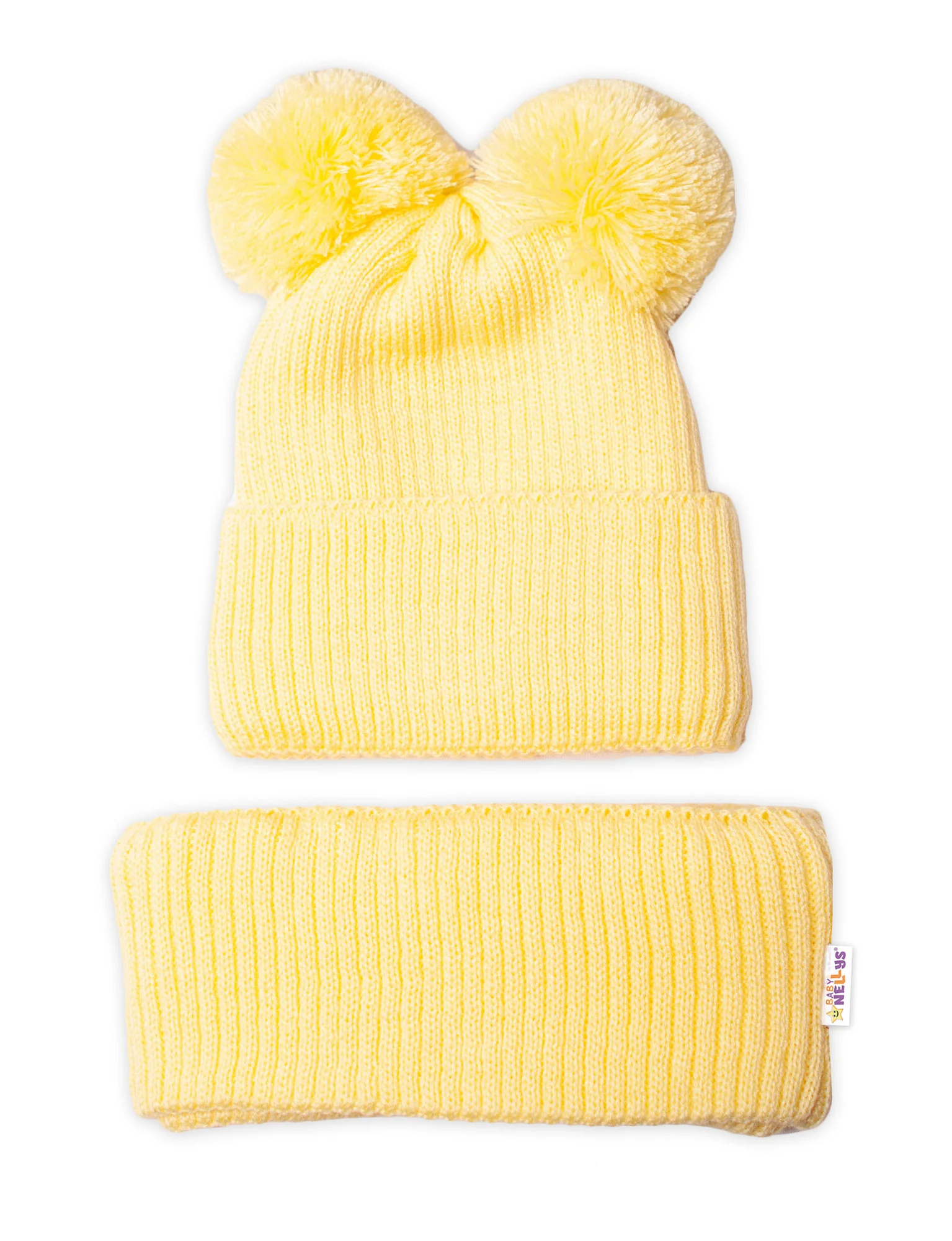 Baby Nellys Zimní pletená čepice + nákrčník, žlutá s bambulkami