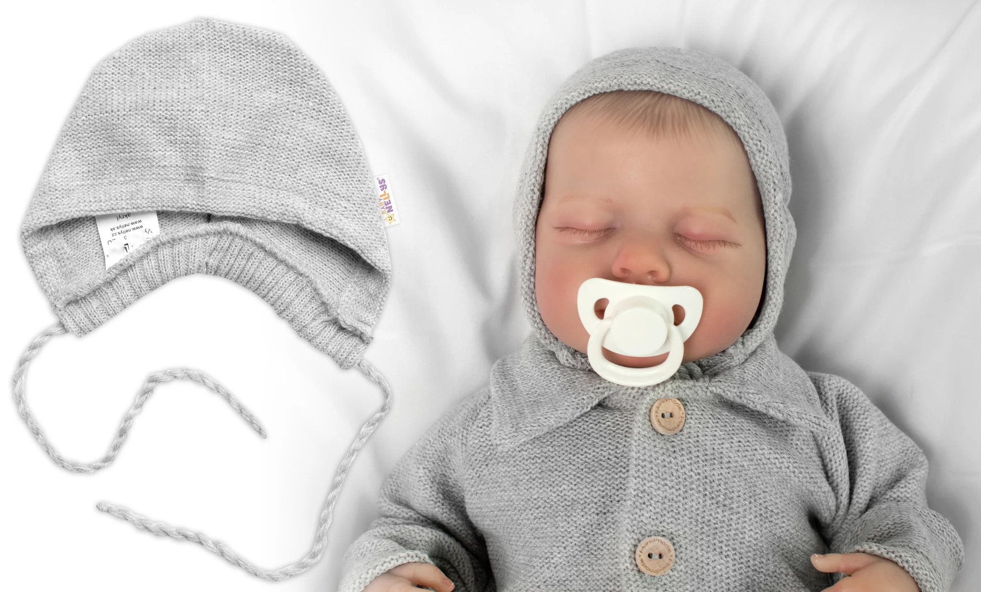 Baby Nellys Pletená čepička na zavazování bonetka Boy, šedá,56/62