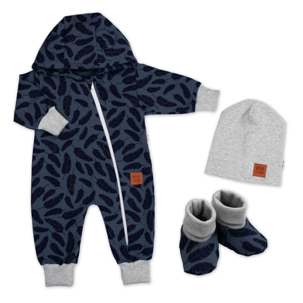 Baby Nellys Rostoucí teplákový overal pro miminko, čepice, botky, 3D, Nature - jeans pírka