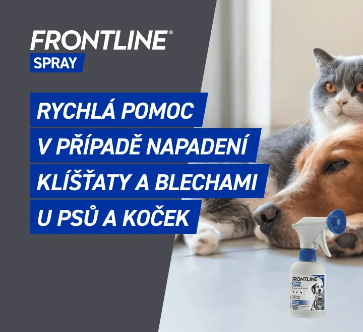 Rychlá pomoc v případě napadení klíšťaty a blechami u psů a koček. Frontline Spray.