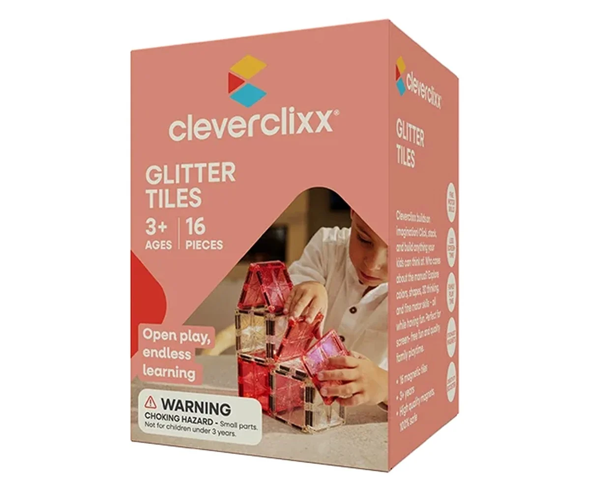 Cleverclixx Magnetická stavebnice Glitter Tiles Pack Transparent - růžové - 16 ks