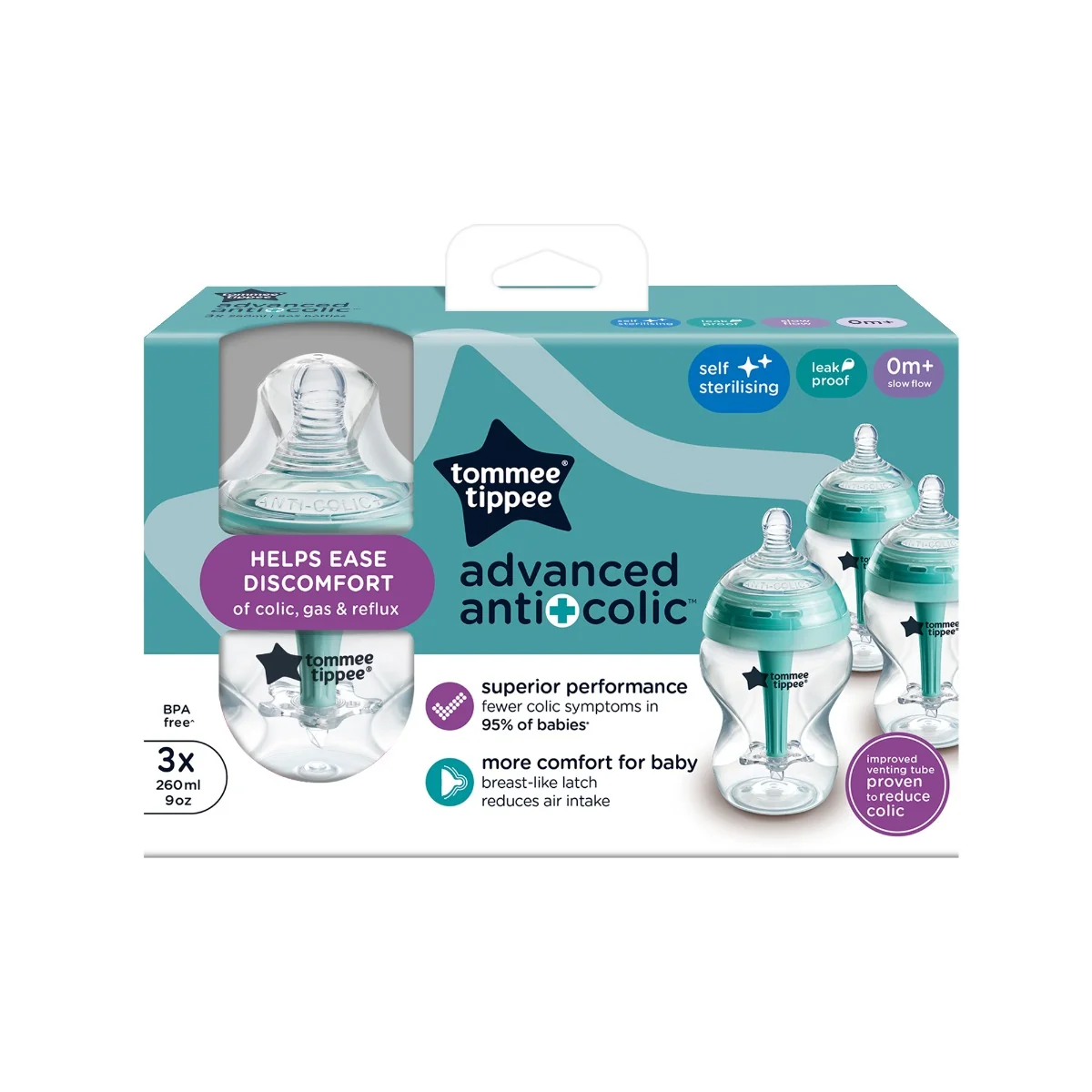 Tommee Tippee Advanced Anti-Colic Samosterilizační kojenecká lahev Pomalý průtok 0m+ 260 ml 3 ks