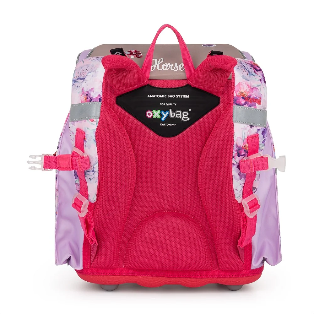 Oxybag Školní batoh PREMIUM LIGHT kůň a květiny, růžovo-fialový