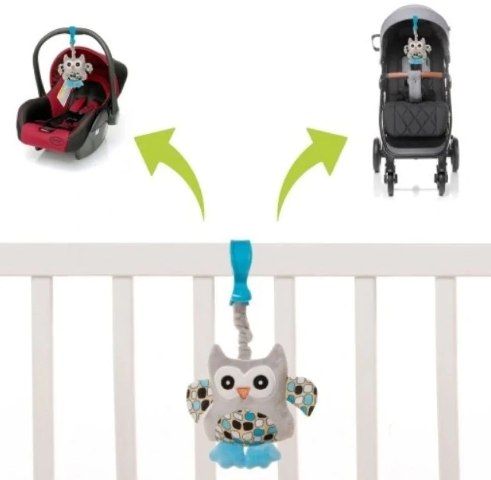 4 BABY Závěsná plyšová hračka s pískátkem, Sova, modrá